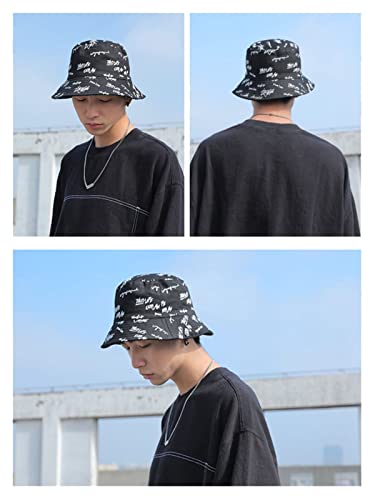Packable Reversible Printed Bucket Hat Unisex for Men Women Beach Fisherman Cap - color: Black