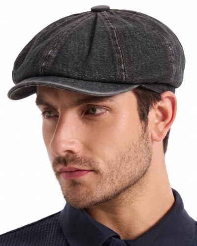 ZLYC Newsboy Cap for Men Summer Flat Cap Lightweight Beret Hat - color: Washed Denim Black
