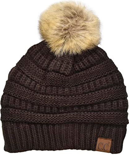 C.C Trendy Fuzzy Fleece Lined Warm Comfortable Soft Stretch Cable Knit Ribbed Faux Fur Pom Pom Beanie Hat - color: Brown