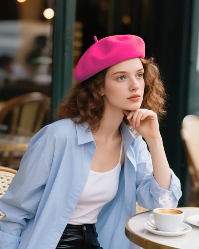 French Beret Hats for Women - Wool Solid Color Beanie Cap - color: Rose Red
