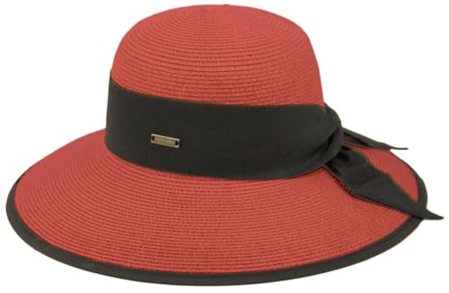 Women’s Panama Hat – Wide Brim Straw Sun Hat, Lightweight Breathable Summer Beach Hat with Ribbon Bow for Travel Vacation - color: Red