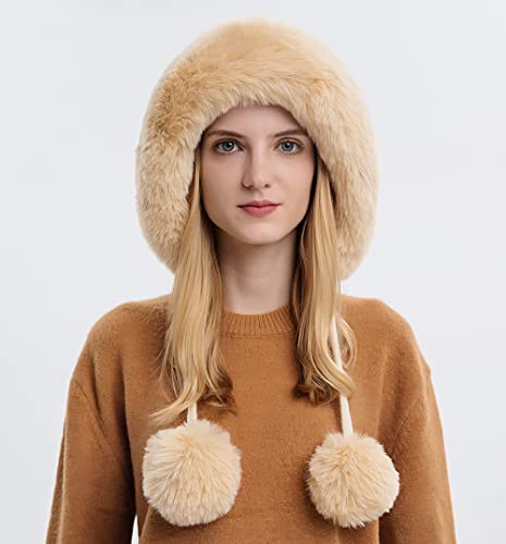 Winter Beanie Hats for Women with Ear Flaps Faux Fur Crochet Skull Cap Warm Outdoor Ski Snow Hats Pompoms - color: Beige