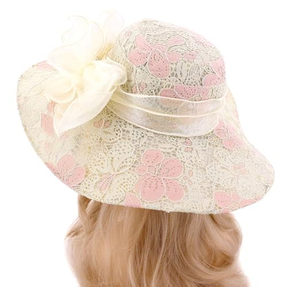 Haoohu Women's Church Derby Hat Wide Brim Bow Bucket Hat Wedding Dress Hat Fascinator Bridal Tea Party Hat - color: 03966beige