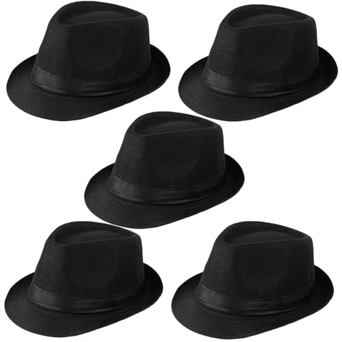 5 Pack Bulk Cuban Fedora Sun Hats Men with Adjustable Strap, Short Brim 1920s Unisex Party Costume Hats Women. - color: Black (Size:l-xl)