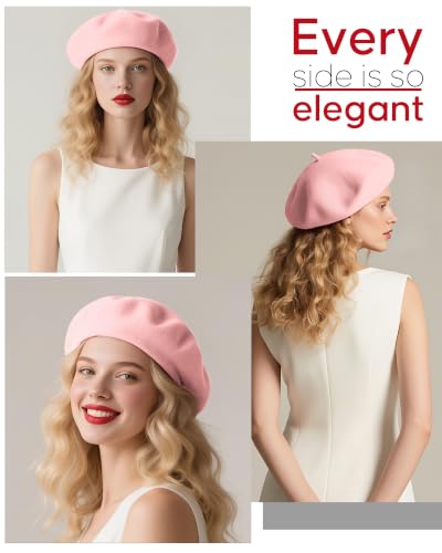 French Beret Hats for Women - Wool Solid Color Beanie Cap - color: Pink