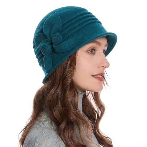 ZLYC Women Wool Cloche Bucket Hat 1920s Vintage Winter Hat with Flower - color: Solid Peacock Blue