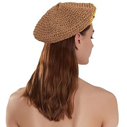 Straw Beret Summer French Beret Hats for Women Artist Crochet Beret - color: Khaki Flower