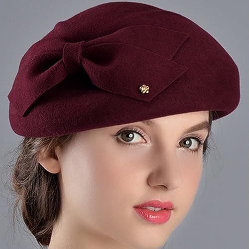 Women Vintage Bowknot Berets with Beading Autumn Winter French Artist Hat Painter Hats Female Bowler Hat Warm Cap - color: Wine Red