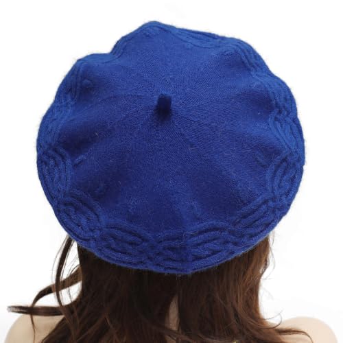 ZLYC Women French Beret Hat Reversible Solid Color Knit Warm Artist Cap - color: Cable Knit Royal Blue