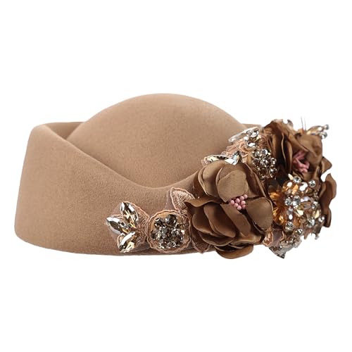 Womens Vintage Felt Church Fedora Hat Ladies Floral Derby Fascinator Wedding Tea Party Beret Cap Winter Pillbox Kentucky Hat - color: Khaki