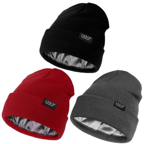 3 Pack Satin Lined Beanies for Men and Women Silk Warm Cuffed Winter Hats - color: Black+dark Grey+wine Red