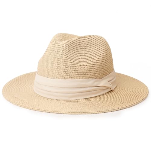 DRESHOW Women Straw Panama Hat Travel Fedora Beach Sun Hat Summer Wide Brim Straw Roll up Hats UPF 50+ - color: Fedora Hat: Beige (Beige Ribbon)