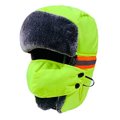 Mens Winter Thermal Trapper Hat Russian Ushanka Ski Hunting Dad Cap Ear Flaps Motorcycle Cycling Mask Women Warm Fur Snow Hat - color: 3-in-1 Green, With Reflective Strip