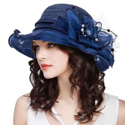 Women Wide Brim Organza Derby Hat Summer Sun Hat Fascinator Bridal Tea Party Wedding Hat - color: Navy