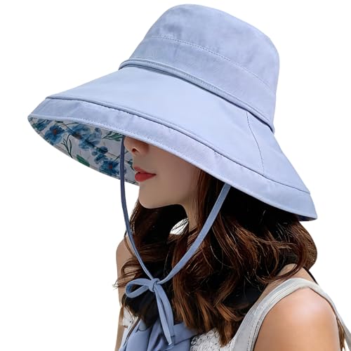 HUAMULAN Women Wide Brim Reversible Sun Hat Summer Beach Fishing Bucket - color: Lightblue Floral