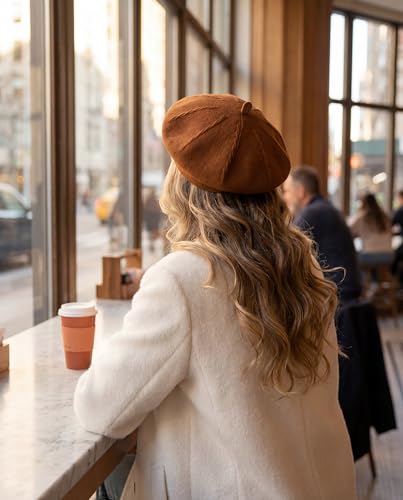 Women's Knitted Beret, French Style Double Layer Winter Autumn Warm and Soft Beanie Hat Cap - color: Orange Brown
