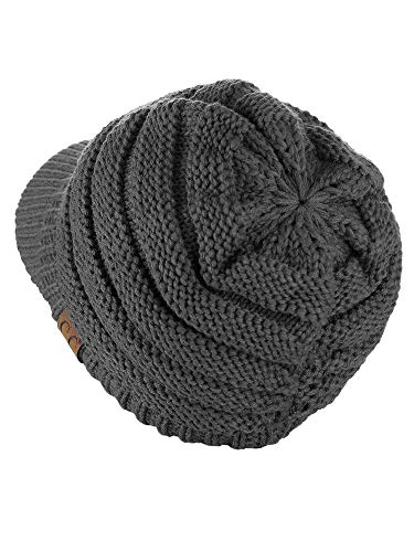 C.C Warm & Thick Cable Knitted Brim Visor Beanie Cap - color: Dark Melange Gray