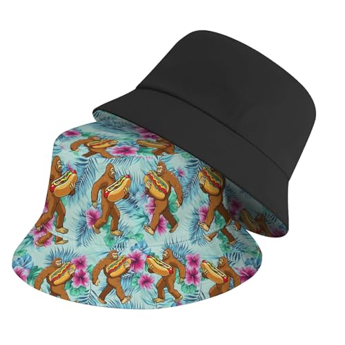 Amasnay Neon Bucket Hat Cotton Double-Side-Wear Reversible Sun Hat for Women Men, Summer Vacation Travel Beach Fisherman Hat - color: Bigfoot Hotdog Print