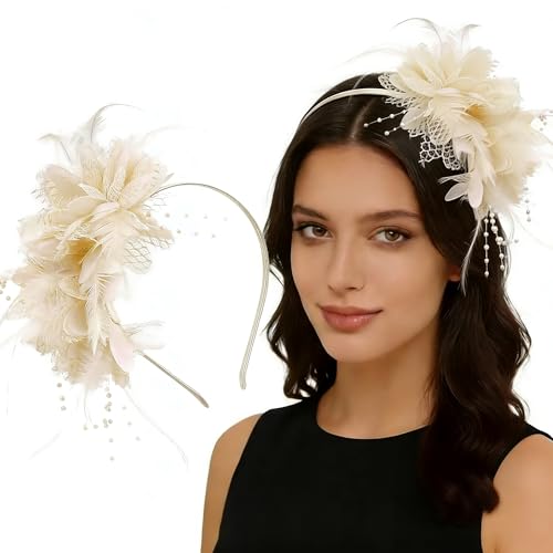 Fascinators for Women Ribbon Feather Tea Party Headwear - color: Th Off White