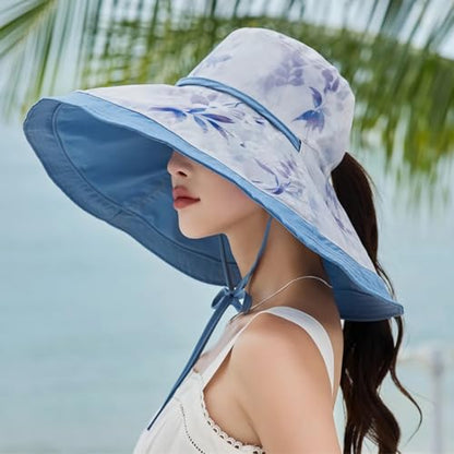 HUAMULAN Women Wide Brim Reversible Sun Hat Summer Beach Fishing Bucket - color: Blue