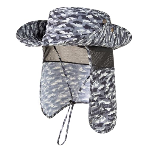 Comhats Sun Hat with Neck Flap for Men, UPF 50+ Wide Brim Cooling Oversized - color: Dark Grey Camo Fish, size: Large-X-Large