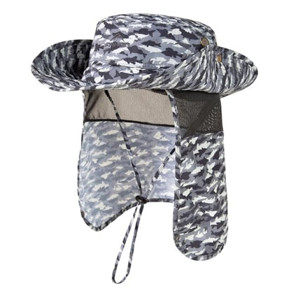 Comhats Sun Hat with Neck Flap for Men, UPF 50+ Wide Brim Cooling Oversized - color: Dark Grey Camo Fish, size: X-Large-XX-Large