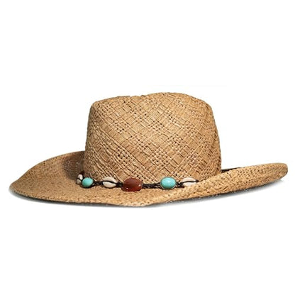 Lucky Brand Women's Straw Cowboy Hat | Rope Design | Western | Style | Fashion | Sun Protection | Breathable - color: Turquoise Beading - Natural