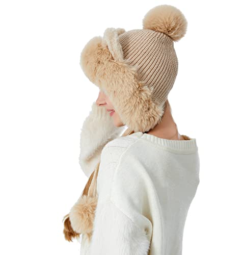 HUAMULAN Women Winter Sherpa Knit Beanie Hat Fleece Lined Ear Flaps - color: Beige Solid