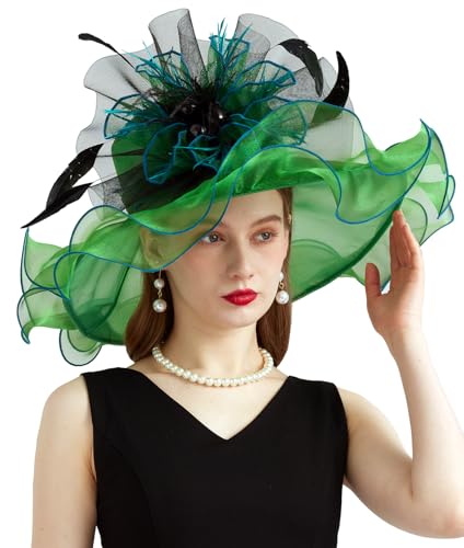 Women Organza Derby Hat Fascinator Tea Party Wedding Church Derby Hat Fascinator Hats Dual-use - color: 02b Dark Green