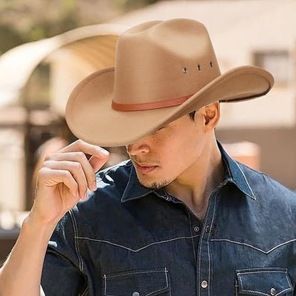 DRESHOW Western Cowboy Hat for Men Women Cowboy Cowgirl Hat Outdoor Wide Brim Retro Felt Fedora Hats Unisex Rolled up Caps - color: 1 Pack Style 5: Camel