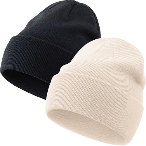 100% Cotton Beanie Hat Winter Hats Women Men Warm Knit Beanies - color: 2pcs-(black + Beige)