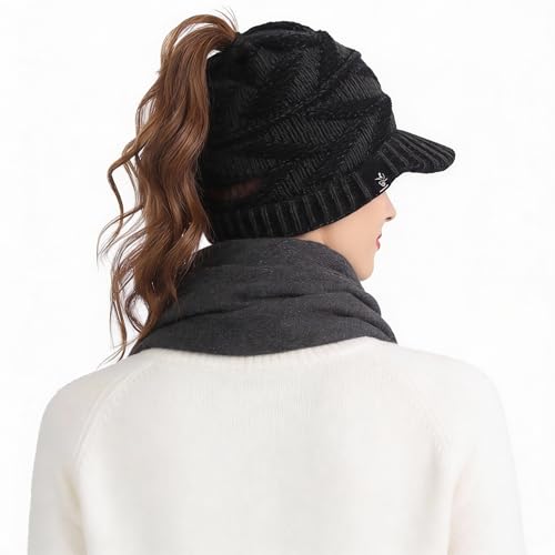Women's BeanieTail Warm Knit Hat Messy High Bun Ponytail Visor Beanie Cap - color: B341-grey, size: Medium