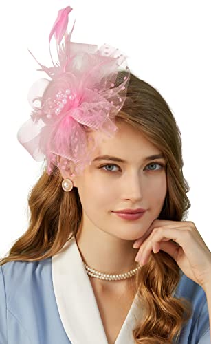 Fascinators Hat for Women Tea Party Headband Kentucky Derby Wedding Flower Cocktail Mesh Feathers Hair Clip - color: 1-pink