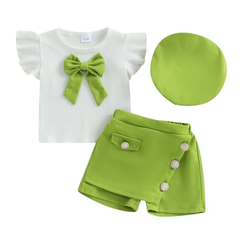 Baby Girls Fly Sleeve 3D Bow Rib Knit Shirt + Irregular Skorts + Beret Hat - color: Green, size: 12-18 Months