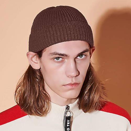 50% Wool Knit Short Fisherman Beanie for Men Women Warm Winter Hat - color: 1pcs-dark Coffee