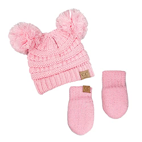 Funky Junque Baby Double Faux Fur Pom Pom Beanie & Mittens Set – Newborn Infant 0–9 Months Winter Hat with Soft Lined Mittens - color: Pale Pink (0-9 Months)