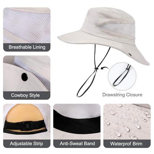 Womens Sun Hat with Ponytail Hole, UV Protection Foldable Beach Fishing Hat - color: Beige