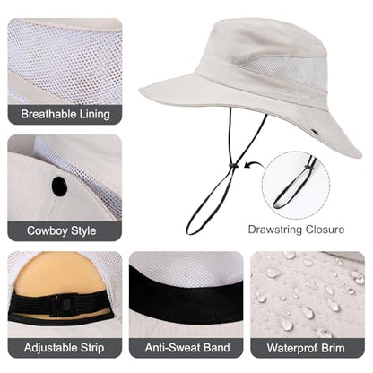 Womens Sun Hat with Ponytail Hole, UV Protection Foldable Beach Fishing Hat - color: Beige