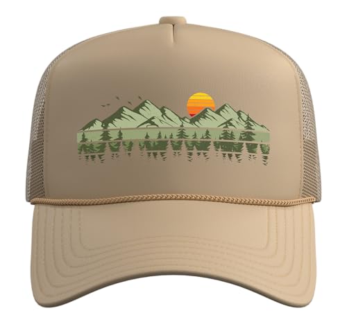 Trees Landscape Mountains Vintage Forest Trucker Hat with Adjustable Mesh Back - color: Khaki