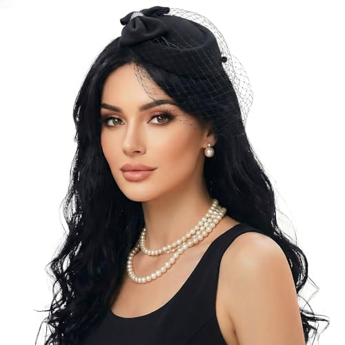 Fascinator Hat for Women Veil Fascinators Tea Party Wedding Retro Pillbox Hats for Cocktail Dresses Accessories - color: Black