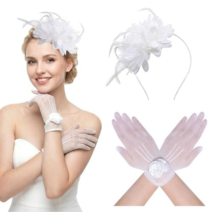 2PCS 20s 50s Fascinator Hat for Women Tea Party Hat with Gloves for Wedding Cocktail Party - color: White