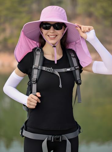 HUAMULAN Women Men Wide Brim Sun Hat Hiking Fishing Hats with Neck Flap - color: Lavender Pink ‌with Mesh Panel