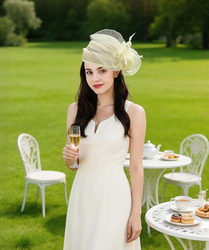 Z&X Sinamay Fascinator Hat Floral Feather Pillbox Derby Hats for Women Wedding Tea Party with Headband Clip - color: 001- Beige