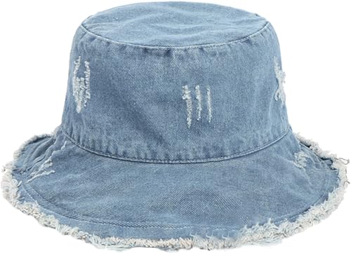 XYIYI Unisex Denim Washed Cotton Bucket Hat Vintage Beach Sun Hat - color: Denim Light Blue