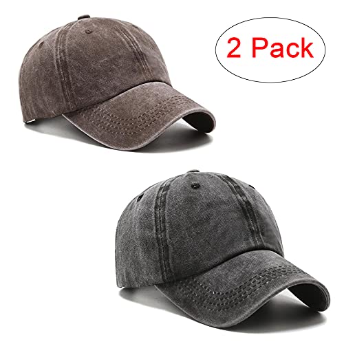 PFFY 2 Packs Vintage Washed Distressed Baseball Cap Dad Hat for Men Women - color: Black+ Brown