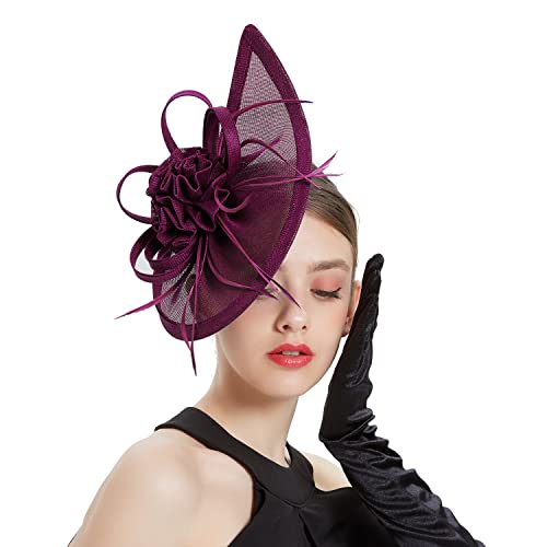 Fascinators Hat for Women Tea Party Headband Mini top Hats Cocktail Flower Mesh Feathers Hair Clip - color: Purple-2
