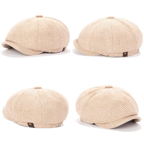Men's Wool Newsboy Cap 8-Panel Tweed Taxi Hat Herringbone Gatsby Flat Hats - color: Khaki