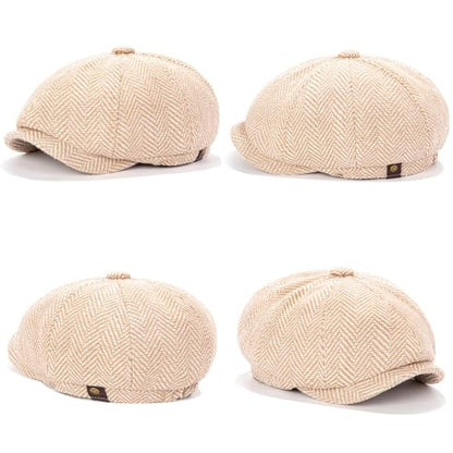 Men's Wool Newsboy Cap 8-Panel Tweed Taxi Hat Herringbone Gatsby Flat Hats - color: Khaki