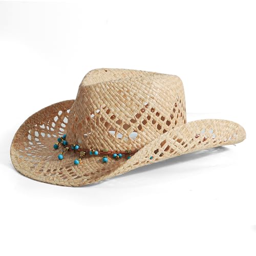Straw Cowboy Cowgirl Hats for Women Men Summer Beach Hat Shapeable Brim - color: Bluebeads