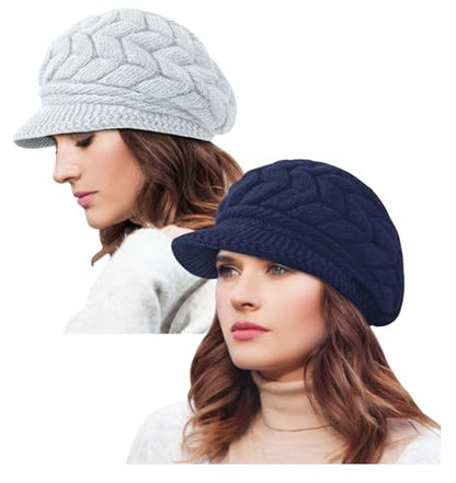 YSense 2 Pack Womens Winter Hats Warm Knit Beanie with Visor - color: Grey Navy Blue